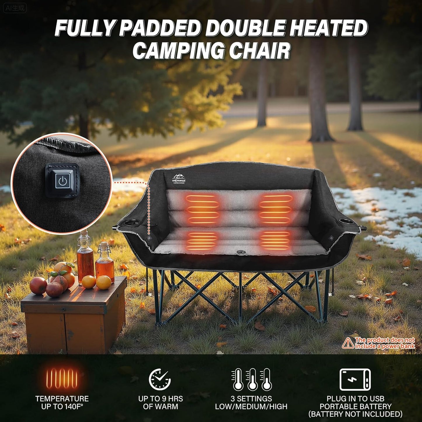 Heated Double Camping Chairs,3 Heat Levels Padded Portable Loveseat w/Wine Glass Holder,Cup Holder,Heating Outdoor Camp Couch Support 600 Lbs,Black,Battery NOT Included