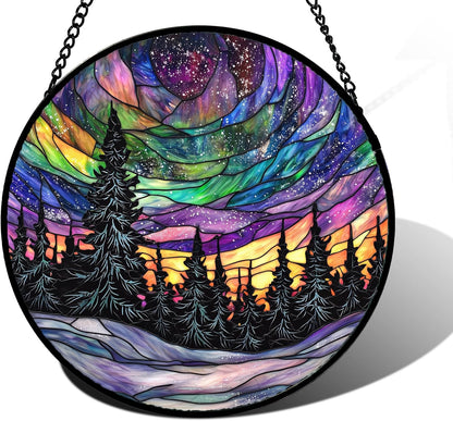 Stained Glass Window Hanging, Van Gogh Night Scene Sun Catchers Colorful Glass Panel Starry Sky Suncatcher Decor for Birthday for Women, Men, Wife, Aunt, and Mom 11.8x11.8 in