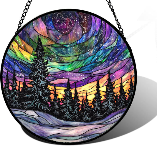 Stained Glass Window Hanging, Van Gogh Night Scene Sun Catchers Colorful Glass Panel Starry Sky Suncatcher Decor for Birthday for Women, Men, Wife, Aunt, and Mom 9.8 in