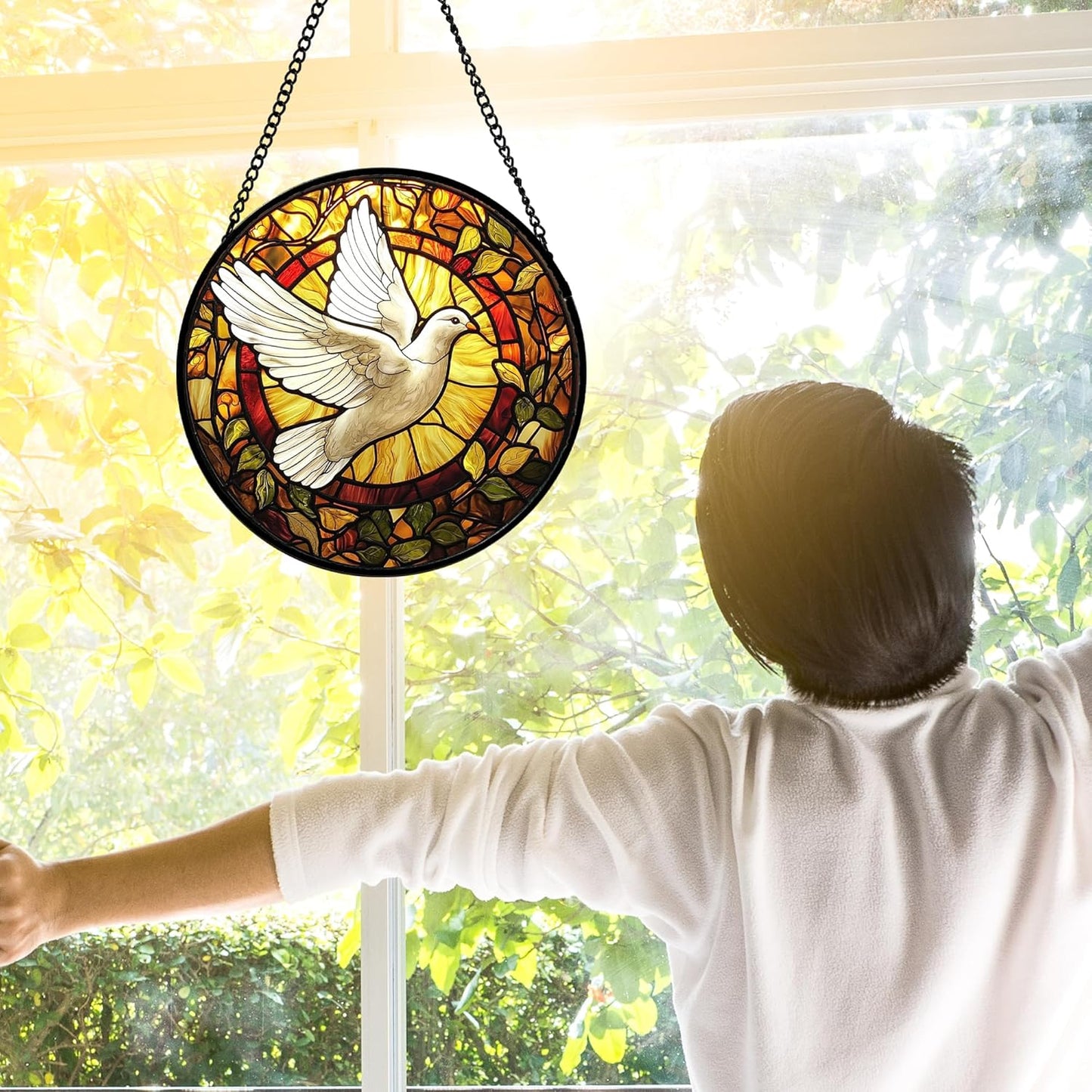 Stained Glass Window Hanging, Flying White Dove Sun Catchers Diamond Glass Panel Hangings Cute Birds Suncatcher Decor for Birthday for Women, Men, Wife, Aunt,and Mom 7.8X7.8IN