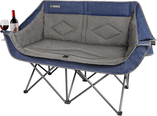 Oversized Double Camping Chair-Heavy Duty 2 Person Folding Loveseat Camp Couch for Adults,Portable Outdoor Lawn Chairs with Padded Seat for Fishing,Sports and Patio,Supports 500 LBS,Blue