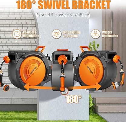 5/8" x 75 ft Retractable Hose Reel, Heavy Duty Retractable Garden Hose Reel Wall Mounted with 10-Pattern Hose Nozzle/Any Length Lock/Slow Return System/180°Swivel Bracket,Orange