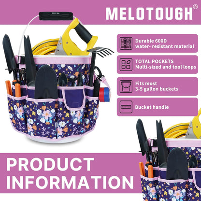 MELOTOUGH Bucket Caddy Organizer Bucket Tool Organizer for Garden Tools Fit 3.5 to 5 Gallon Bucket (Purple Flower)