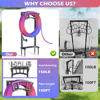 Garden Hose Holder Freestanding, Outdoor Heavy Duty Water Hose Holder Reel with 4 Spikes Holds 150-ft Water Pipe, Detachable Metal Hose Storage Stand Hanger Rack for Outside Yard Lawn Farm, Black