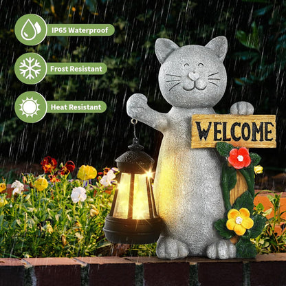 Solar Cat Statue Outdoor Decor-9.4" Welcome Garden with Sculpture Solar Lantern Flowers,Weatherproof Resin Art for Patio, Lawn,Yard Outside, for Women,Grandma,Adults,Kids,Cat Lovers