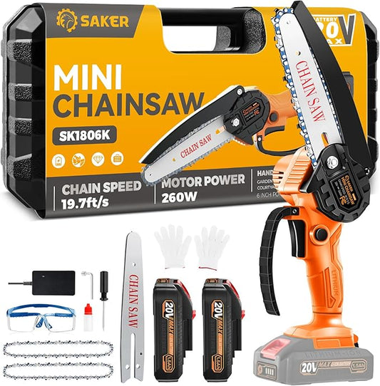 Saker Mini Chainsaw|6 Inch Chainsaws[2025 Upgraded]|Mini Cordless Electric Chain Saw|Small Handheld Portable Chain Saws Battery Powered Saw for Tree Trimmer and Garden