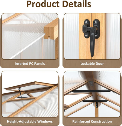 6x12 FT Wooden Greenhouse for Outdoors, Walk-in Greenhouse with 6MM Thick Polycarbonate Panel and Adjustable Roof Vents, Garden Backyard, Wood Colour
