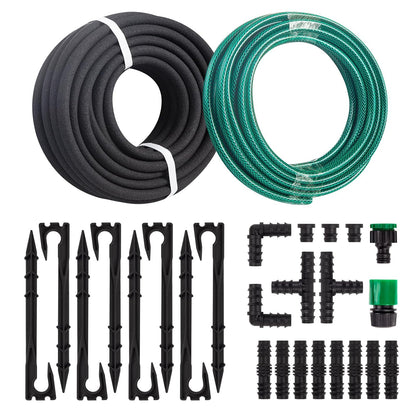 Soaker Hose System 1/2 Inch x 50ft Soaker Hose Kit with 25ft PVC Garden Hose Drip Irrigation Watering Tubing System with Reinforced Fittings Water for Outdoor Garden Yard Lawn Raised Flower Bed Plant