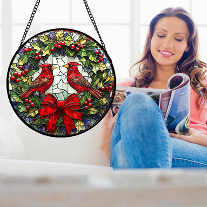 Stained Glass Window Hanging - Cardinals Green Wreath Suncatcher for Doors Home Christmas Decoration Red Bird Sun Catcher Thanksgiving New Year Birthday Gift for Women Men Mom Nana 14.9 in