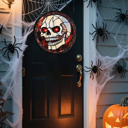 Stained Glass Window Hanging - Halloween Decorations White Skeleton Suncatcher for Doors Garden Indoor Spooky Funny Red Sun Catchers Gothic Decor Horror Gifts for Women Men Friend 9.8 in