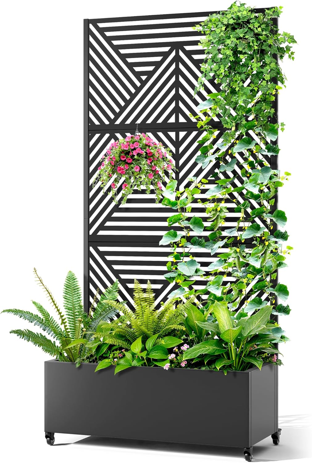 Metal Raised Garden Bed with Trellis, 2-in-1 Planter Box & Privacy Screen for Climbing Plants, Outdoor Standing Flower Bed with Drainage Holes, 35.4" L x 15.7" W x 70.1" H, Black-Zodiac