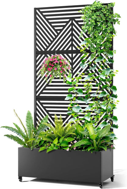 Metal Raised Garden Bed with Trellis, 2-in-1 Planter Box & Privacy Screen for Climbing Plants, Outdoor Standing Flower Bed with Drainage Holes, 35.4" L x 15.7" W x 70.1" H, Black-Zodiac