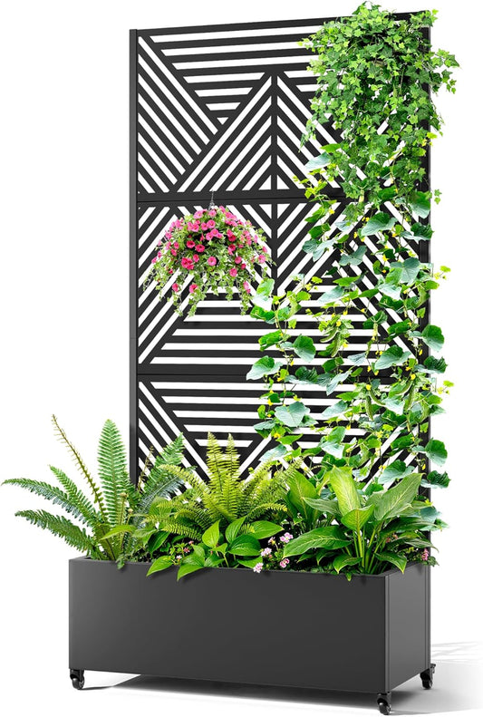 Metal Raised Garden Bed with Trellis, 2-in-1 Planter Box & Privacy Screen for Climbing Plants, Outdoor Standing Flower Bed with Drainage Holes, 35.4" L x 15.7" W x 70.1" H, Black-Zodiac