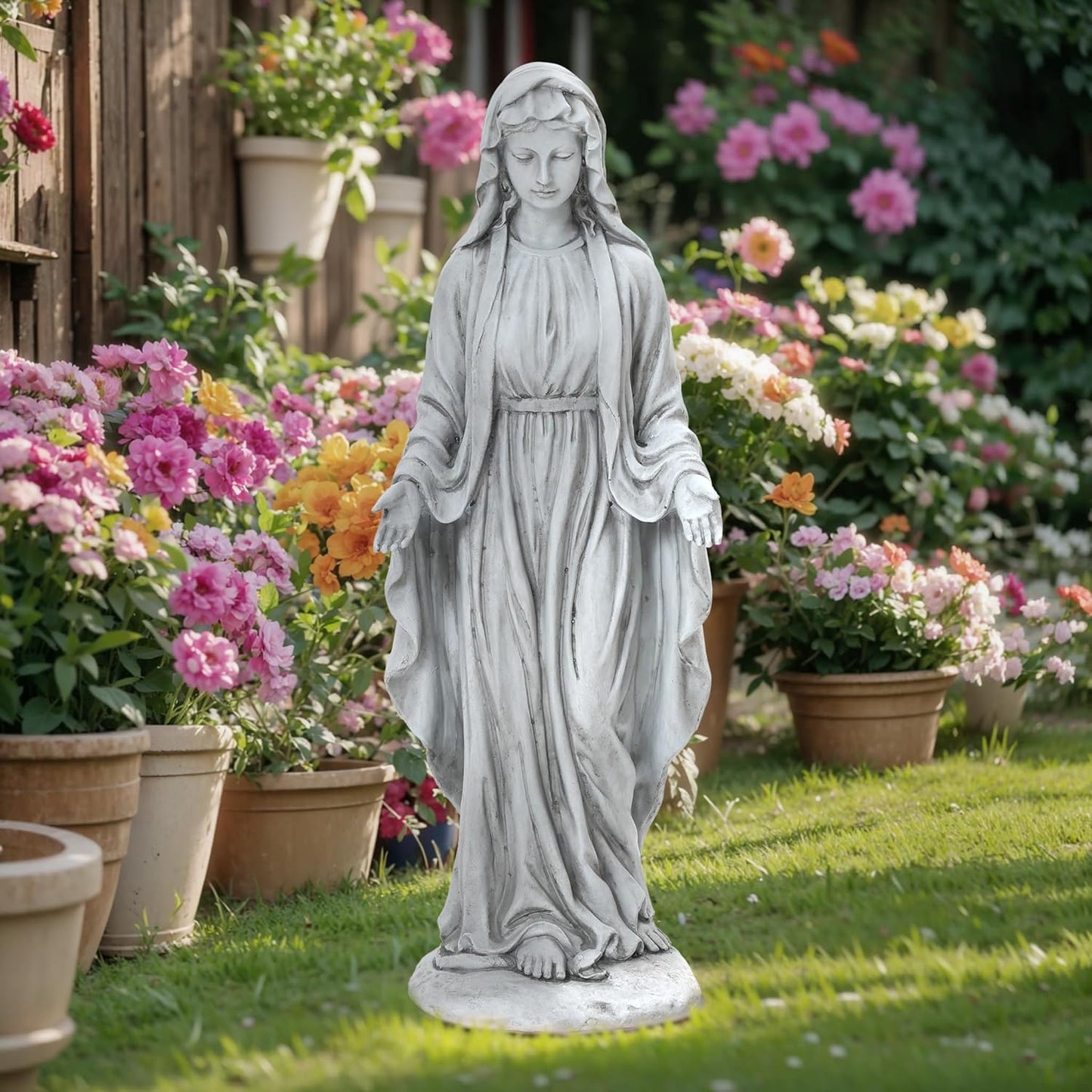 LuxenHome Virgin Mary Statue Outdoor, 30'' Religious Garden Statue, Blessed Mother Outdoor Statue, Outdoor Statue, Garden Sculptures, Outdoor Yard Decorations, Gray
