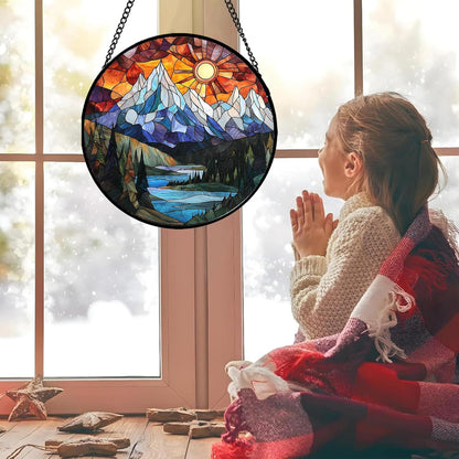 Stained Glass Window Hanging - Colorful Mountain Lake Landscape Sun Catcher for Door Garden Home Decor Suncatcher Christmas Mother's Day Birthday Gifts for Women Men Mom Nana 7.8 in