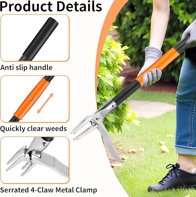 50” Weed Puller Tool, Heavy-Duty Weeder Tool with Long Handle, 4-Claw Metal Stand up Weeding Tool with Easy-Eject Mechanism for Crabgrass, Dandelion, Garden Tools for Seniors