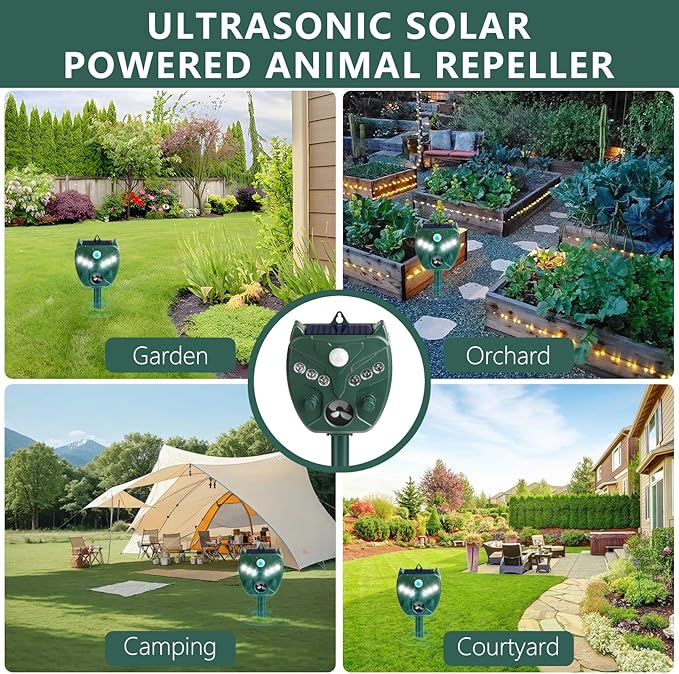 2 Pack 2025 Upgraded Solar Ultrasonic Animal Repellent Outdoor – Motion Activated Deer, Squirrel, Cat, Raccoon, Dog & Bird Deterrent with Multi-Frequency LED Strobe & Ultrasonic Sweep for Yard Lawn