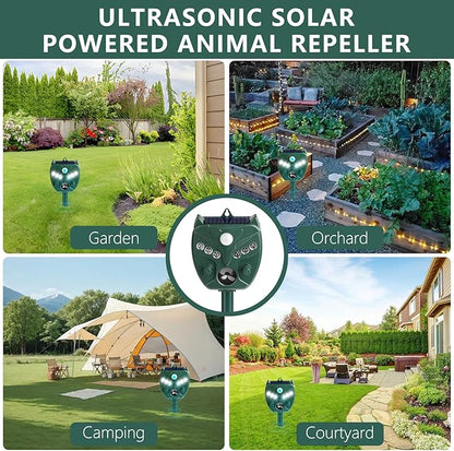 2 Pack 2025 Upgraded Solar Ultrasonic Animal Repellent Outdoor – Motion Activated Deer, Squirrel, Cat, Raccoon, Dog & Bird Deterrent with Multi-Frequency LED Strobe & Ultrasonic Sweep for Yard Lawn