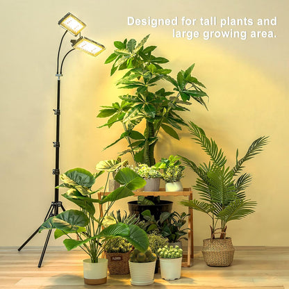 LBW Grow Light for Indoor Plants, Dual Heads Full Spectrum LED, Auto On/Off Timer, 6 Dimmable Levels, 3 Switch Modes, Adjustable Tripod Stand 15-63 inches