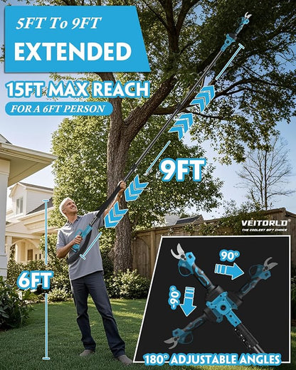 VEITORLD 2-IN-1 Cordless Electric Pole Pruning Shears, 15ft Reach, 1.2" Cutting Diameter, Battery Powered with 2 * 2.0Ah, Brushless Motor for Garden Tree Trimming, Gifts for Men Dad Him Christmas
