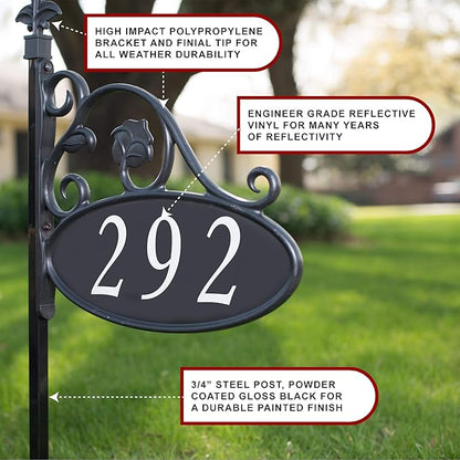 Address America USA Handcrafted Park Place Oval Reflective 911 Home Address Sign for Yard - Custom Made Address Plaque - Wrought Iron Look (58" Pole) - AS