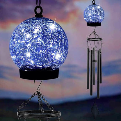 Wind Chimes Outdoor Solar Lights, 42 Inch Large Sympathy Chime 15 Blue LEDs Crackled Glass Ball Birthday Gifts for Women Decorative Hanging in Garden, Yard, Patio, Landscape