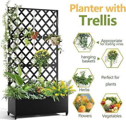 Metal Planter Box with Diamond Lattice Trellis - 72"x35" Galvanized Raised Garden Bed on Wheels for Climbing Plants and Vines, Black Finish