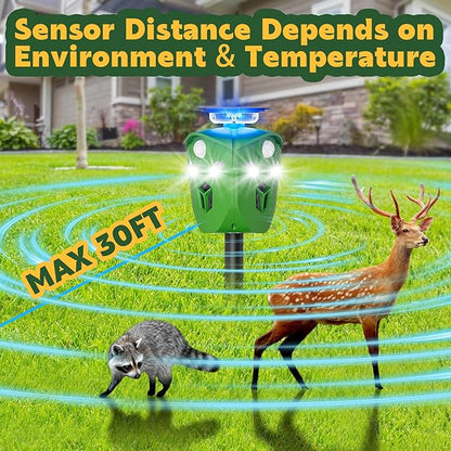 Ultrasonic Solar Powered Deer Repellent Device with PIR Motion Sensor 360° Animal Repellent Equipped with Dual Charging Methods Outdoor Protection for Gardens, Yards, and Farms