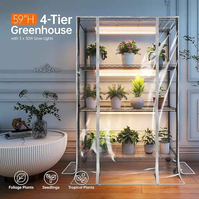 Bstrip Indoor Greenhouse with Grow Light, Plant Stand with 3 Pack Full Spectrum Plant Lights , 3 Color Modes, Plant Shelf with Tent for Indoor Plant, Seed Starting, Seed Tray, 35.4"x13.8"x59"