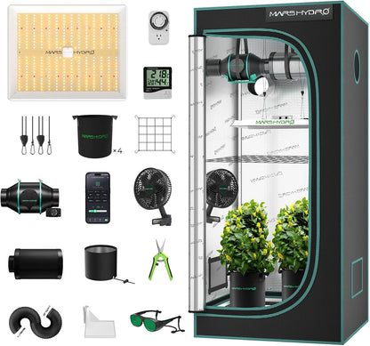 MARS HYDRO 3x3 Grow Tent Kit Complete System,150W TS1000 LED Dimmable Grow Light, 32"x32"x63" 1680D High Reflective Mylar Grow System with 4inch Smart WiFi Control Ventilation System,10 Speed Fan