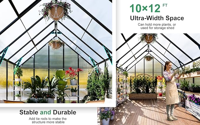CDCASA 12x10x10 FT Greenhouse for Outdoors, Easy Assembly Large Aluminum Heavy Duty Polycarbonate Greenhouses Kit w/2 Windows, Swing Door, Outsides Walk-in Green House Sunroom for Backyard Garden