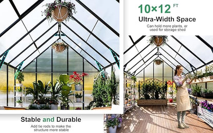 CDCASA 12x10x10 FT Greenhouse for Outdoors, Easy Assembly Large Aluminum Heavy Duty Polycarbonate Greenhouses Kit w/2 Windows, Swing Door, Outsides Walk-in Green House Sunroom for Backyard Garden