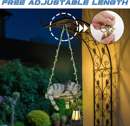 Solar Lighted Garden Outdoor Statue, 22.6" H Hanging Swing Lying with A Sleeping Cat and A LED Lantern, Resin Animal Figurine Hanging Ornaments with Hook for Decoration & Gift