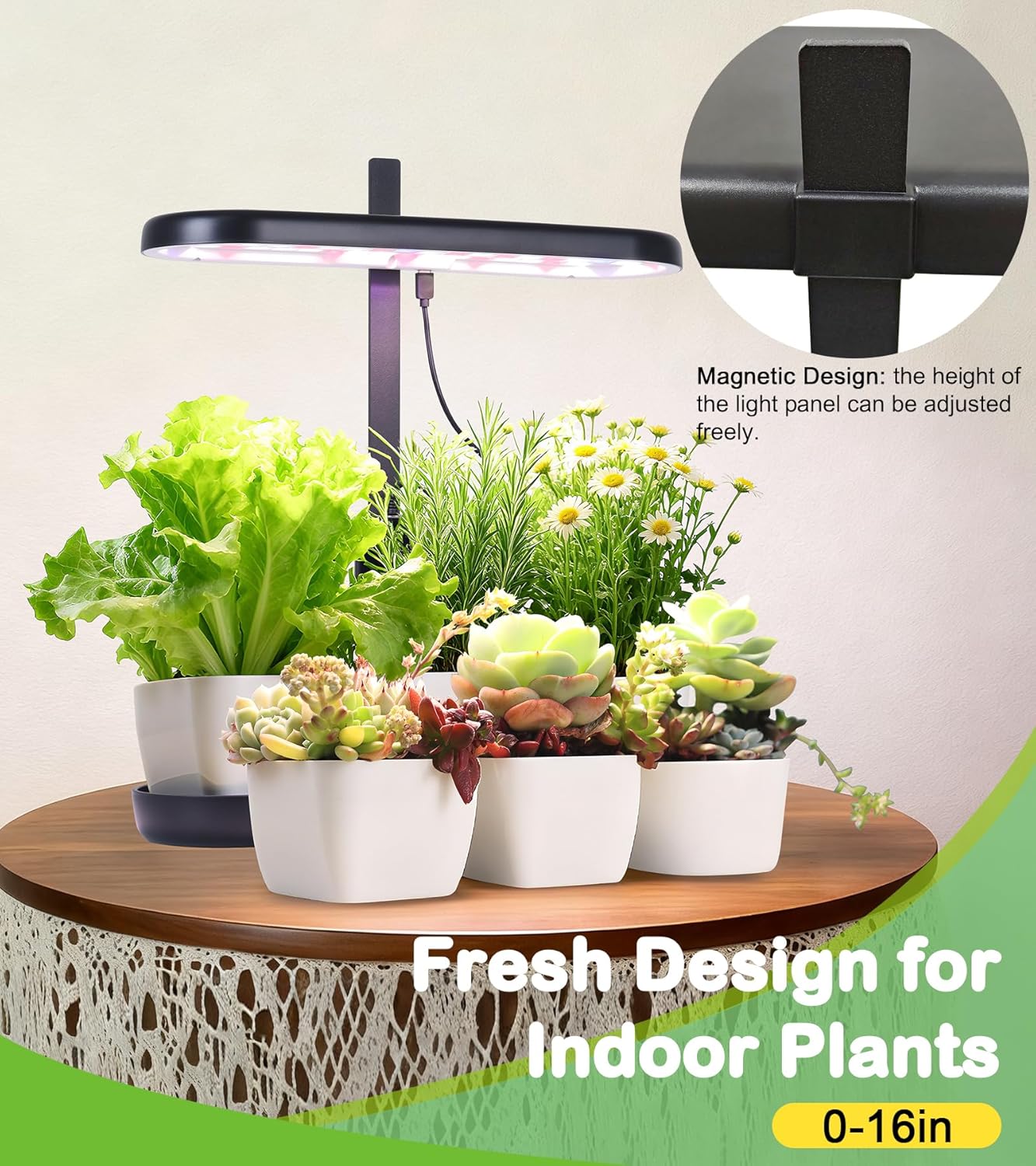 Indoor Garden Led Grow Light, 20W Full Spectrum LED Grow Lamp for Indoor Plants with Intelligent Controller, Height Adjustable, Ideal for Home Desk Plant Lighting (Black, ABS Base)