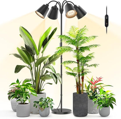Bstrip Grow Lights for Indoor Plants, 4 Head Floor Grow Light Stand with Flexible Gooseneck, 3800K Full Spectrum Non-Dimmable Light for Plants Growing, 59" Tall Standing Grow Light with Smart Timer