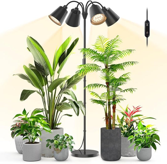 Bstrip Grow Lights for Indoor Plants, 4 Head Floor Grow Light Stand with Flexible Gooseneck, 3800K Full Spectrum Non-Dimmable Light for Plants Growing, 59" Tall Standing Grow Light with Smart Timer
