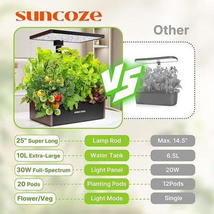 SUNCOZE Hydroponics Growing System Kit 20 Pods, Indoor Herb Garden with Grow Light 30W, 10L Large Water Tank with Adjustable Height to 25", Built-in Pump, Gardening Gifts, Black and Brown