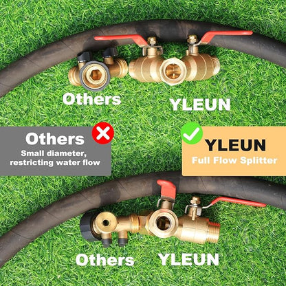 Garden Hose Splitter Full Flow Splitter No Restricted-Flow Connector Heavy Duty Brass Hose y Splitter, 2 way High Flow Hose Bib Adapter with Shut Off Valves (Long Handle)