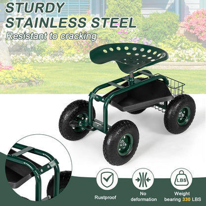 Outvita Garden Cart Gardening Workseat w/Wheels, Rolling Work Seat with Adjustable 360 Degree Swivel Seat, Basket and Tool Tray, Patio Wagon Scooter for Lawn Yard Outdoor Planting（Green）