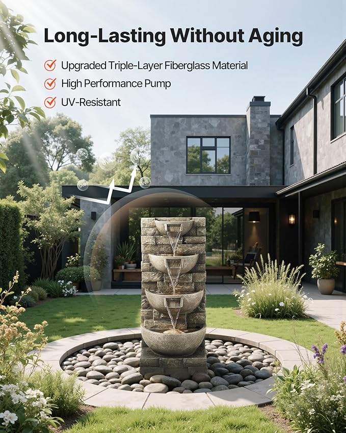 VEVOR Outdoor Water Fountain, 35.63 in Height Fountain and Waterfall, 4-Tier Floor Standing Cascading Fountains with LED Light and Pump, Block Stack Style, for Outdoor Indoor Garden, Patio & Backyard