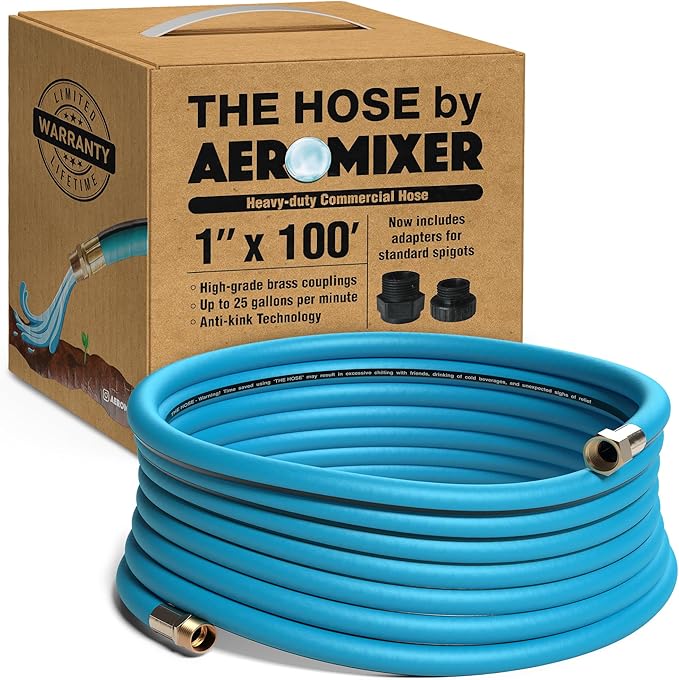 Aeromixer THE HOSE - 1 Inch Garden Hose 100 Ft, Includes Adapters 3/4 Spigots, Kinkless Commercial Garden Hoses, Heavy Duty Water Hoses for Outdoors, 650 PSI High-Pressure Watering Tool