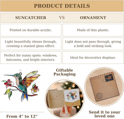 Hummingbird and Flower Acrylic Suncatcher Stained Glass Effect Window Car Hanging Christmas Ornament Indoor Outdoor Decor Garden Sun Catcher Panel for Bird Lover for Women Mom Grandma