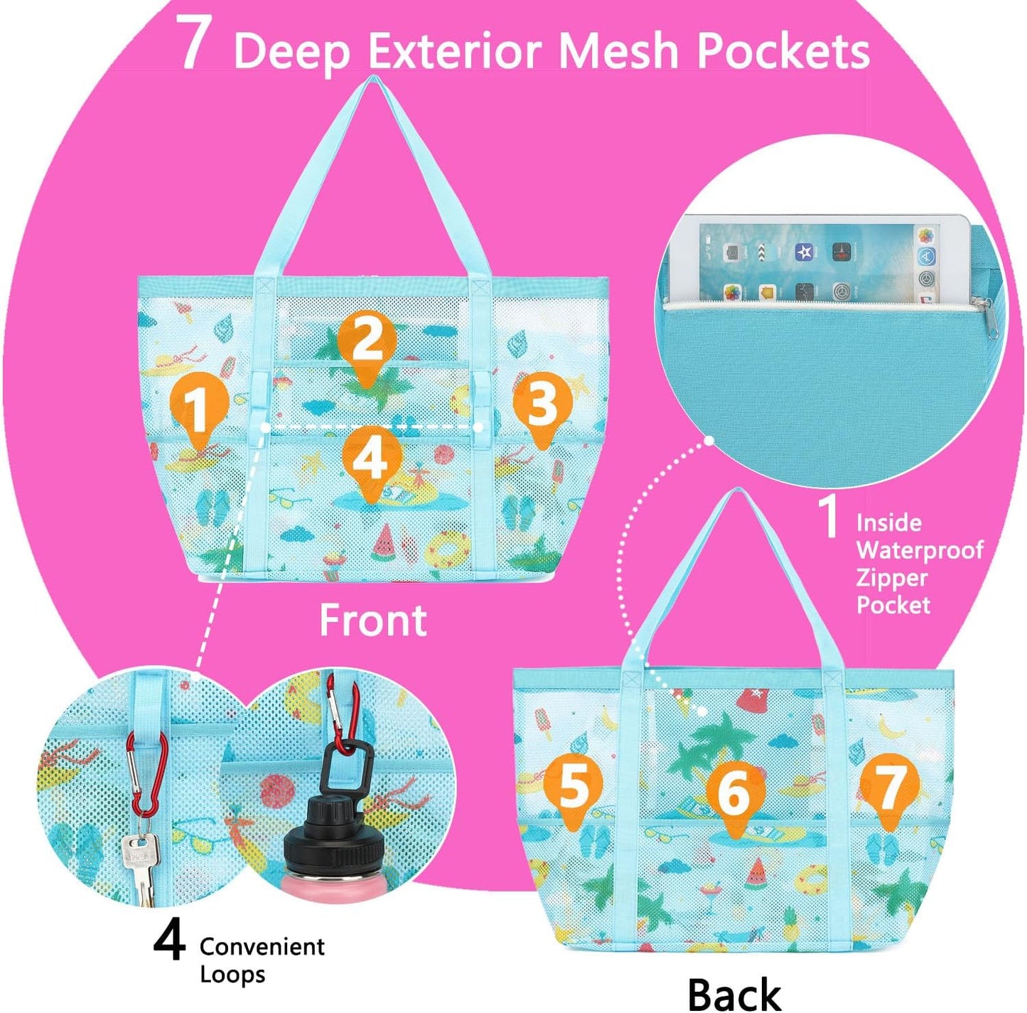 Mesh Beach Bag, Large Beach Tote with Zipper Pocket for Family Pool Bag for Toys & Vacation Essentials