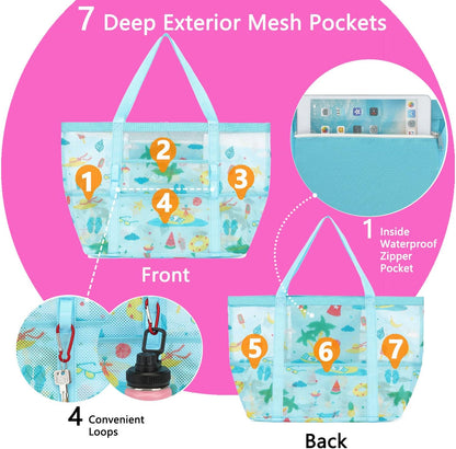 Mesh Beach Bag, Large Beach Tote with Zipper Pocket for Family Pool Bag for Toys & Vacation Essentials