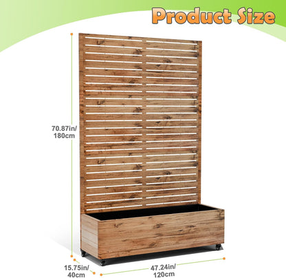 Metal Raised Garden Bed with Trellis, 2-in-1 Planter Box & Privacy Screen for Climbing Plants, Outdoor Standing Flower Bed with Drainage Holes, 47.2" L x 16.7" W x 70.8" H, Natural Wood Grain