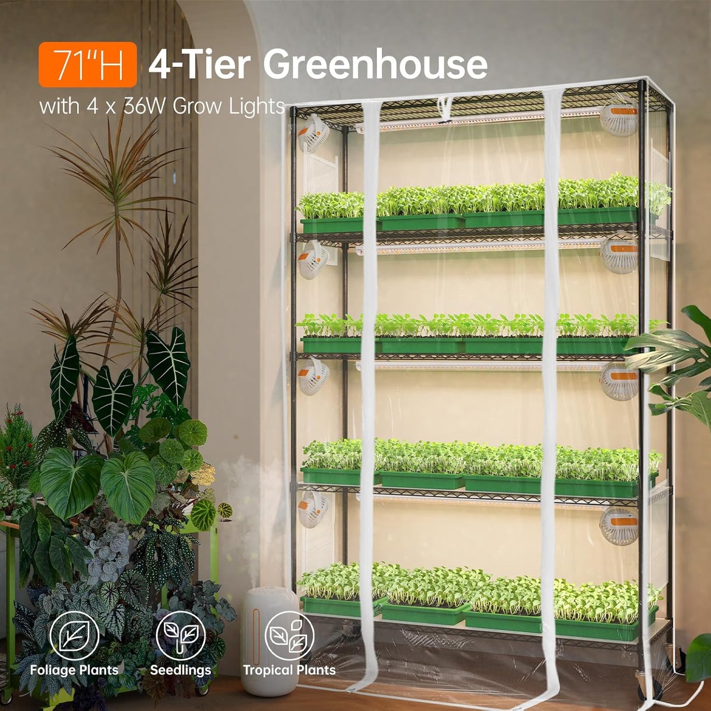 Bstrip Indoor Greenhouse with Grow Light, Plant Shelf with 4 Pack T8 Full Spectrum Plant Lights and cover, mini greenhouse for Indoor Plant, Seed Starting, Seed Tray, (47.2" L x 17.8" W x 71" H)