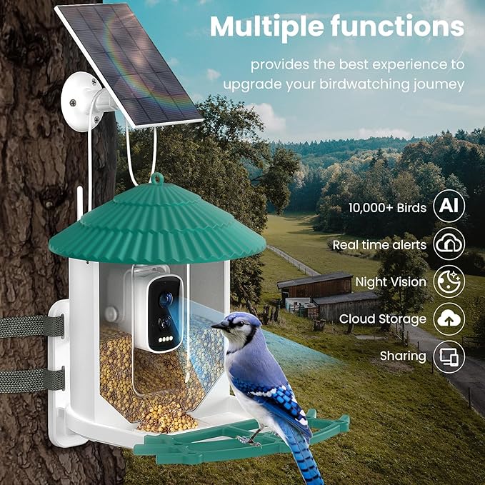 Bird Feeders for Outdoors, Smart Bird Feeder with Camera Solar Powered, AI Species Identification, 3K Video Live Stream Camera, 5Mp HD Night Vision, Instant Arrival Alerts (Light Green)
