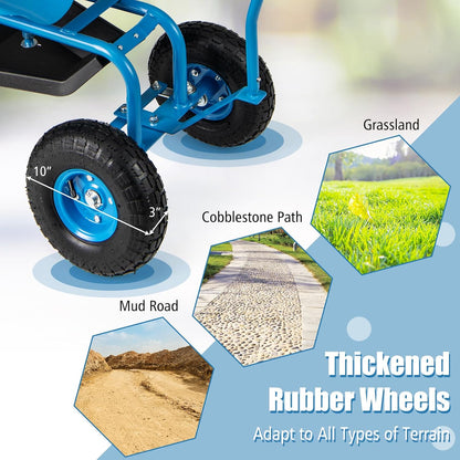 Goplus Rolling Garden Seat with Wheels, Outdoor Garden Cart with 360° Swivel Seat & Tool Storage, 2 Steering Handles, Gardening Stool Wagon Scooter, Lawn, Patio Gardening Workseat for Seniors