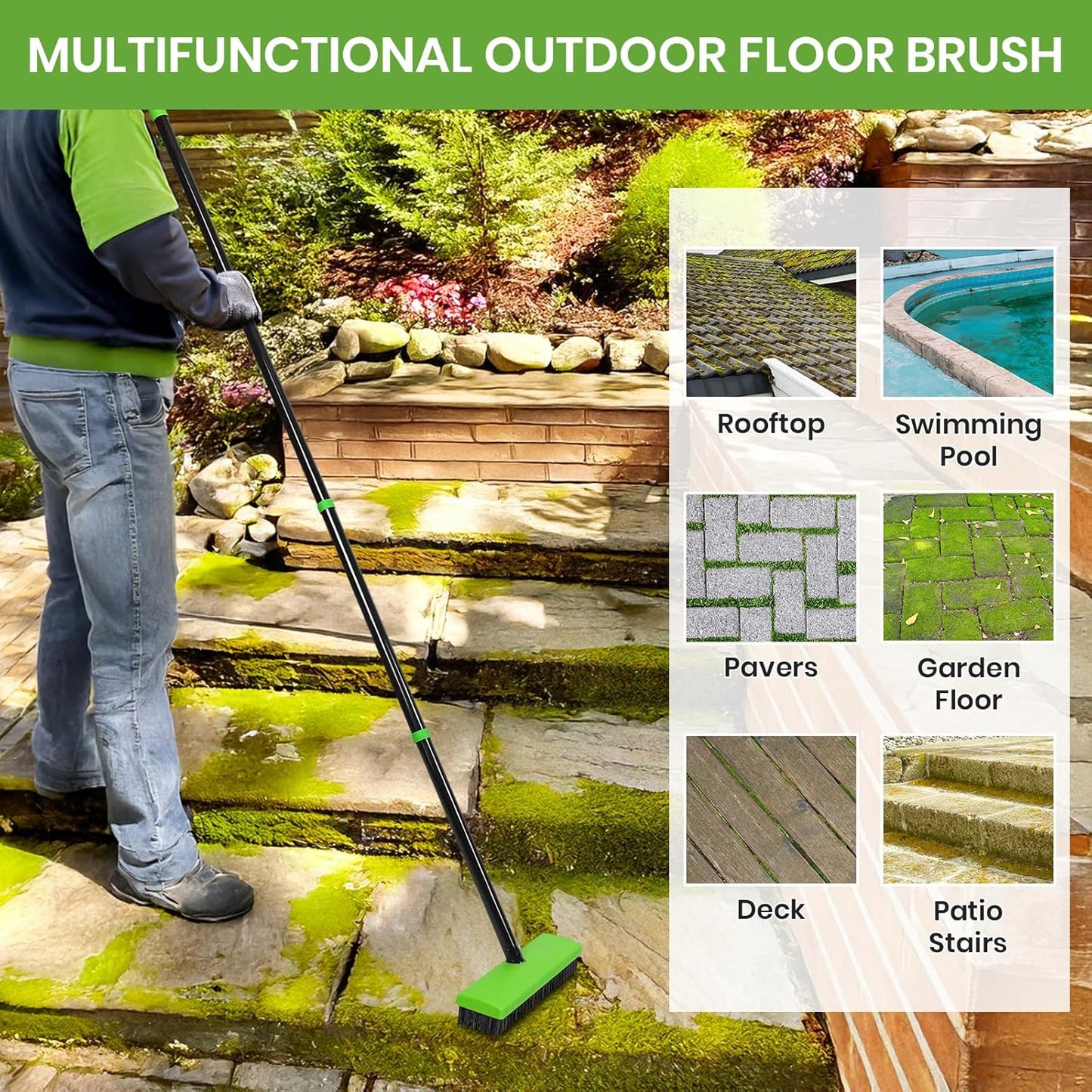 3 in 1 Weeding Wire Metal Brush Tools, Concrete Scrub Deck Brush with Long Handle for Moss, Tough Stains on Paving, Garden, Patio, Pool