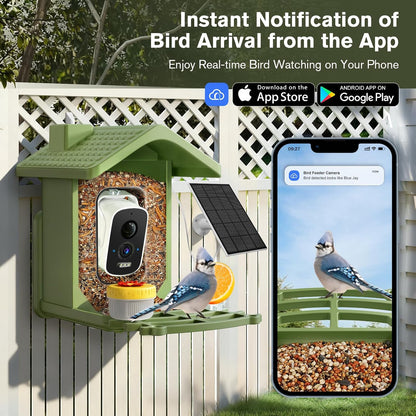 Smart Bird Feeder with Camera Solar Powered, AI Birds Species Identification, 2.5k HD Video Bird House with Camera for Outside, Weatherproof Design Ideal Gifts for Bird Lovers, Green
